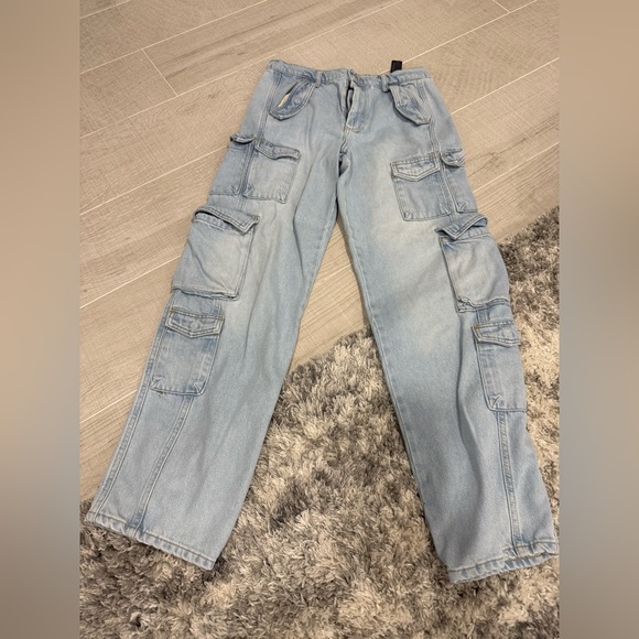 Zara Light Blue Denim Cargo Jeans Size 28 - Picture 1 of 7